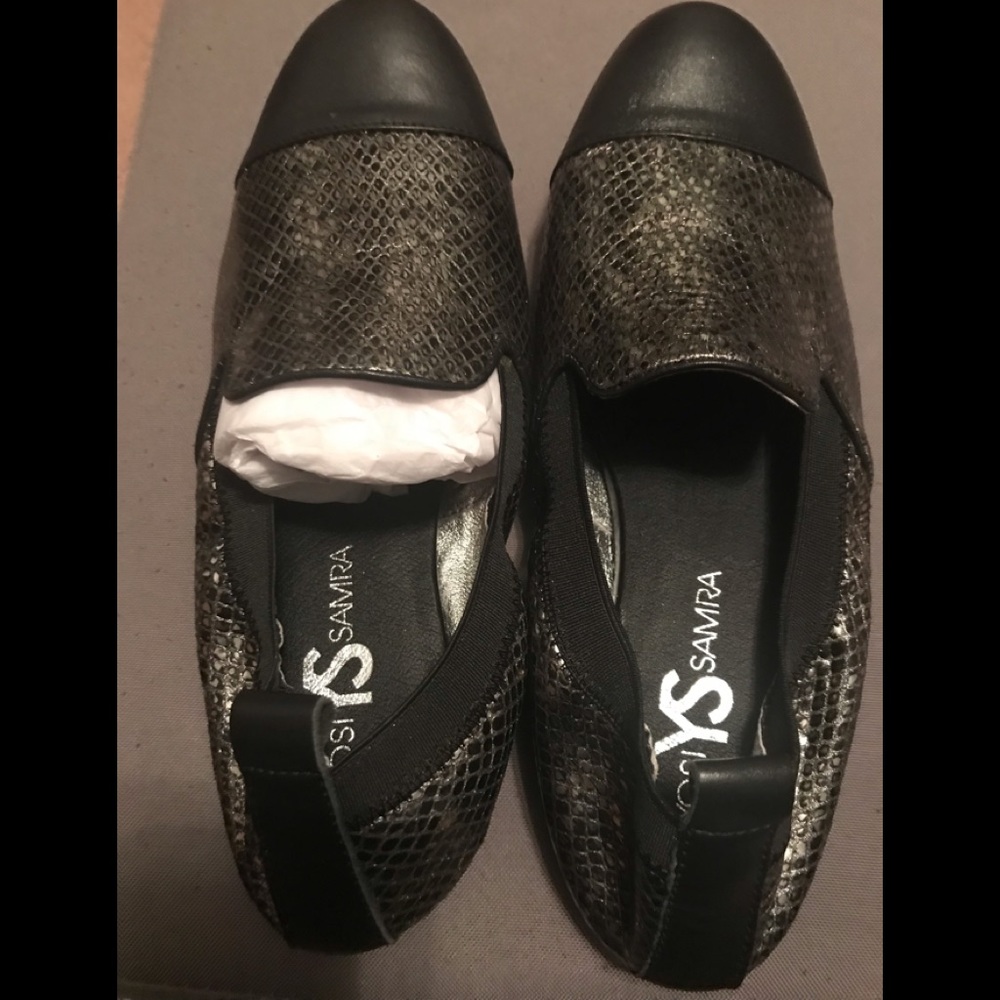 Yosi Samra Slip Ons/Black & Silver Reptile Design.